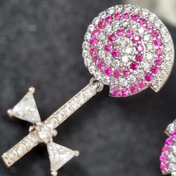 Rhinestone Lollipop Earrings with a Swirly Pink Pattern. NEW - Picture 2 of 3